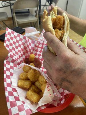 Shrimp Poboy and tots