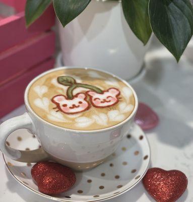 Valentine's special latte art featuring The Chocolate-Covered Cherry Latte!