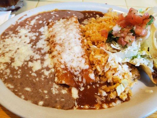 Crispy beef taco cheese enchilada beans and rice