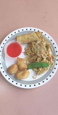 Sweet & sour chicken, chicken lo mein, & egg roll