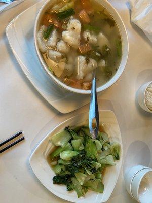 Fish sour cabbage soup. Taste is good but the fish seems frozen. And stir fried Bai Cai