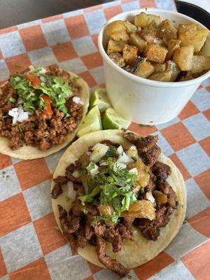 Al Pastor Taco (Pork) and Chorizo Street Taco and Cotija Potatoes