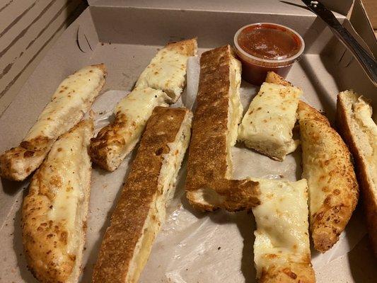 Cheesy breadsticks: I had cut them apart before taking the picture.