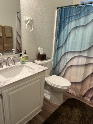 Hall bathroom with new counter, painted cabinet, new floor and toilet. So wonderful