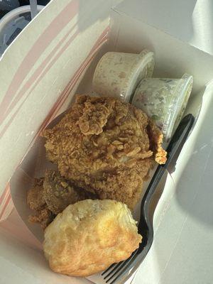 2-piece fried chicken. You get one smaller piece and one HUGE piece, two sides and a bisky.