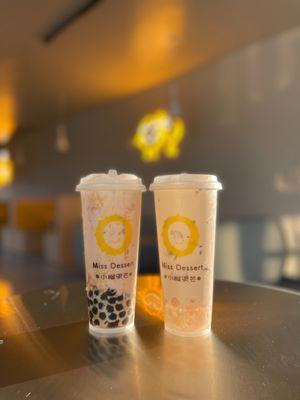 classic milk tea- boba on left, crystal boba on right