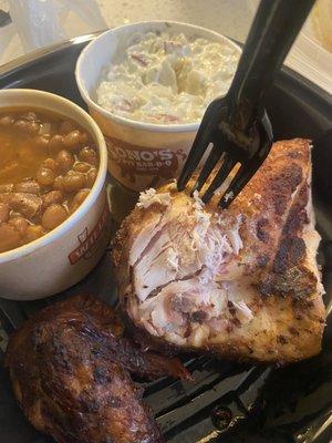 Chicken, baked beans, potato salad