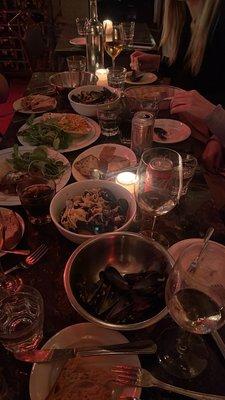 Mussels, duck confit, bavette and their bread - YUM!