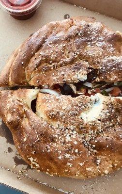 The delicious calzone..loaded with fresh veggies.