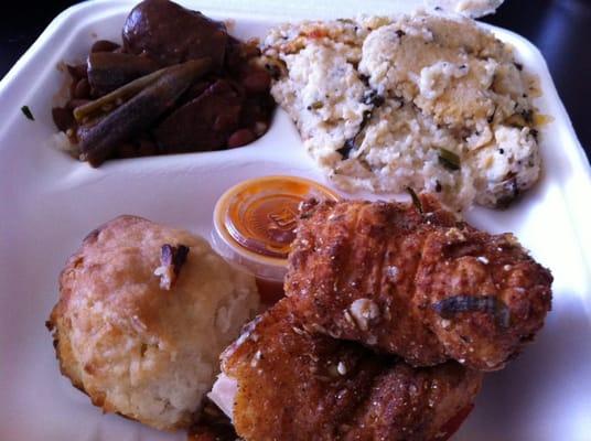 combo plate with cheese grits and rice/sausage/okra