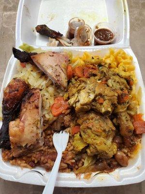 Combo jerk and curry chicken with rice and peas, cabbage and mac and cheese