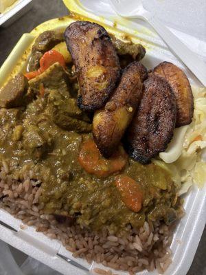 Plantain, Rice and Peas, Curried Goat, cabbage