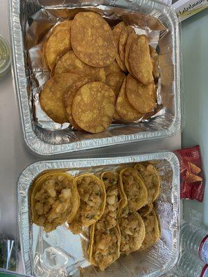 Freshly made tostadas, and potato tacos for our vegan coworker