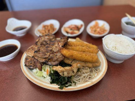 3 choice (Shrimp Katsu, TonKatsu, BBQ Chicken), white steamed rice and all the standard sides and dipping sauces.