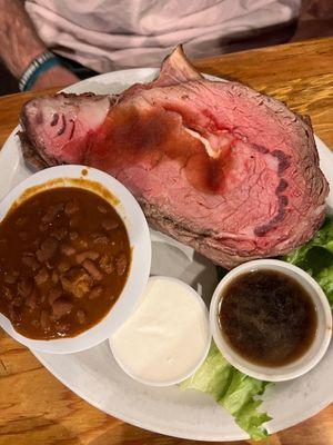 Prime. Rib with baked beans, horseradish sauce, and Au jus