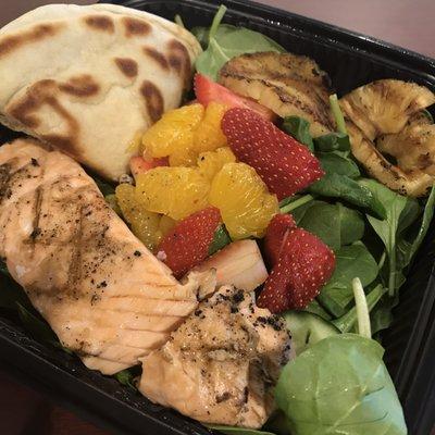 26 March 2019 -- Citrus Glazed Salmon Salad (pita bread on the side).