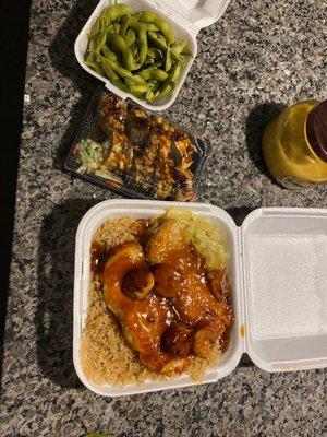 Salmon Teriyaki, Edamame and sushi