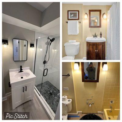 bathroom before and after. Complete shower remodel, floor install, painted, new toilet and vanity, added recessed lighting