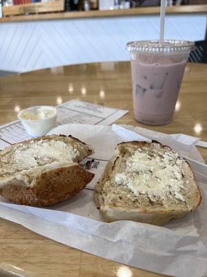 Cheese bagel with cream cheese & Sweater Weather chai.