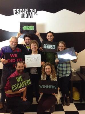 We finished "The Agency" at Escape the Room PA with 9 minutes to spare.  Highly recommended - our experience was fun and totally immersive.