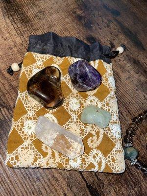 Protection stone set (bag included!) Smoky quartz, amethyst, crystal, prehnite