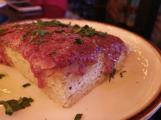 Great Gold Tomato Bread w/ lots of red sauce, garlic, and olive oil | $6