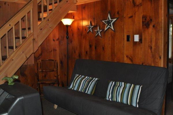 Cottage 8, 9, 10 - Adirondack style living room with knotty pine and vaulted ceiling