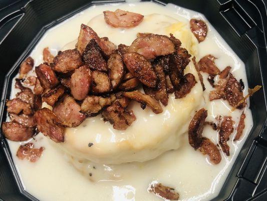 Biscuit and gravy with Conecuh sausage