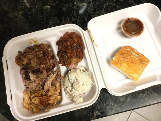 3-meat platter with potato salad, beans and corn bread - $17 - enough for two!