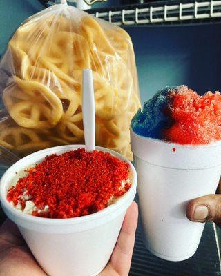 Fire cup, chicharrones, shaved ice