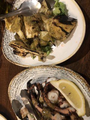 Grilled octopus, grilled artichoke