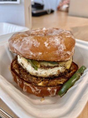 The Duck: glazed donut, tofu patty, plant based sausage patty, green peppers