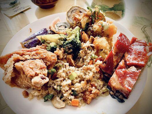 Plateful of goodness: salt-&-pepper fried chicken wing, BBQ pork ribs, fried rice, beef broccoli, stir-fried eggplants & sushi.