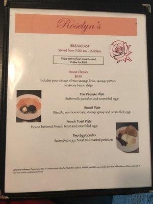 Breakfast menu