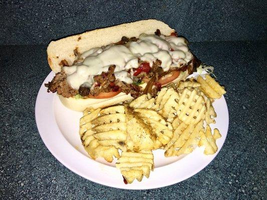 Philly cheese steak with waffle fries