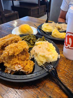 Two-piece fried chicken and country fried steak.