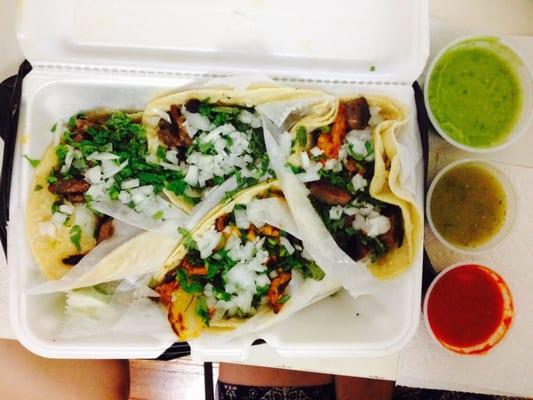 Beef, Al Pastor, & Lengua tacos ($2.50 each)