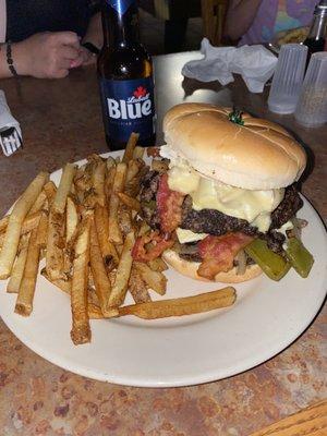 Double smothered burger! Swiss cheese, onions, mushrooms, bell peppers. I added bacon!