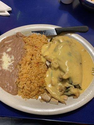 Mark's Chile Relleno w grilled chicken and yellow cheese sauce.