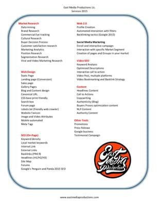 Some of the services that East Media Productions Llc. offer.
 We take care of your marketing, you take care of the customers.