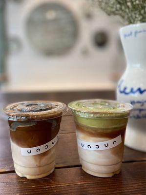 Black Sesame Latte with Espresso and Uji Latte with Espresso