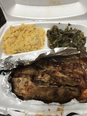 Horrible dry Pork Ribs, Mac n cheese & collards. Into the garbage!!!