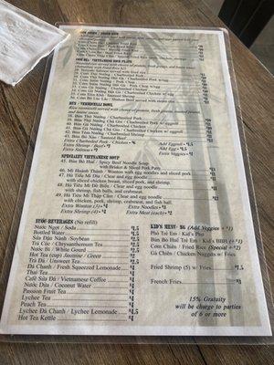 Back page of menu