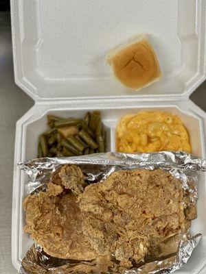 Fried Pork Chops Platter with Grandma's Mac and Cheese, Green Beans and Potatoes