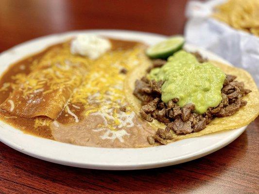 Carne asada taco and cheese enchilada