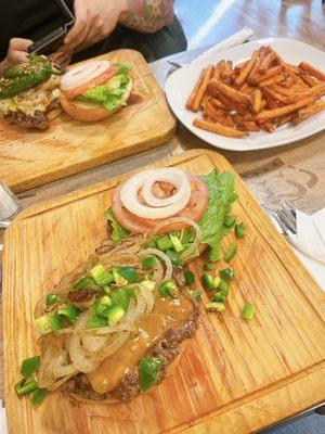 Mexicano burger and Diablo Burger with Sweet Potato Fries