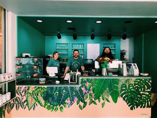 Friendly staff+beautiful bar mural