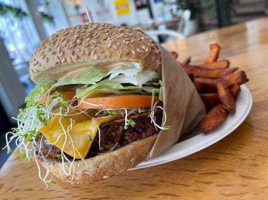 Ahimsa Burger with Sweet potato fries