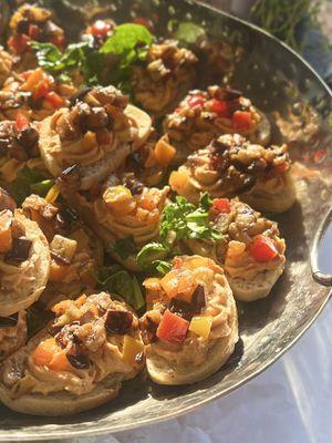 Roasted Eggplant and Pepper Crostini w/ Sun Dried Tomato Hummus