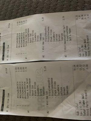 Both of my receipts from last night. Everything on the receipt was correct, the order was not.